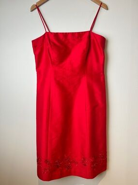 Vintage Ann Taylor Y2K Red Silk Spaghetti Strap Dress w/ Embroidered Beaded Hem